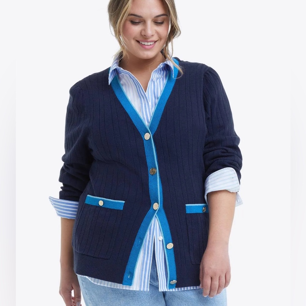 Draper James Cassadee Ribbed Wool Blend Cardigan Medium V Neck Button Up Blue